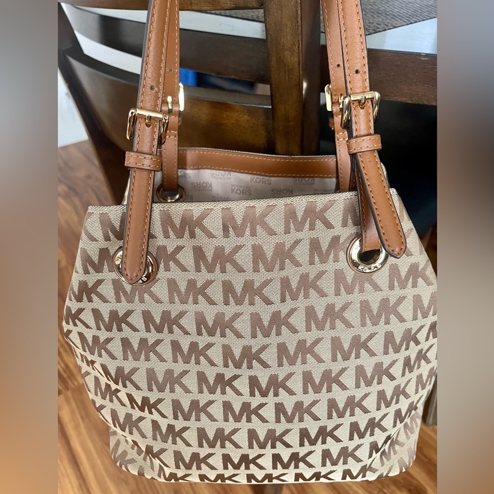 Michael Kors Beige and Brown MK Logo Shoulder Bag with Tan Straps